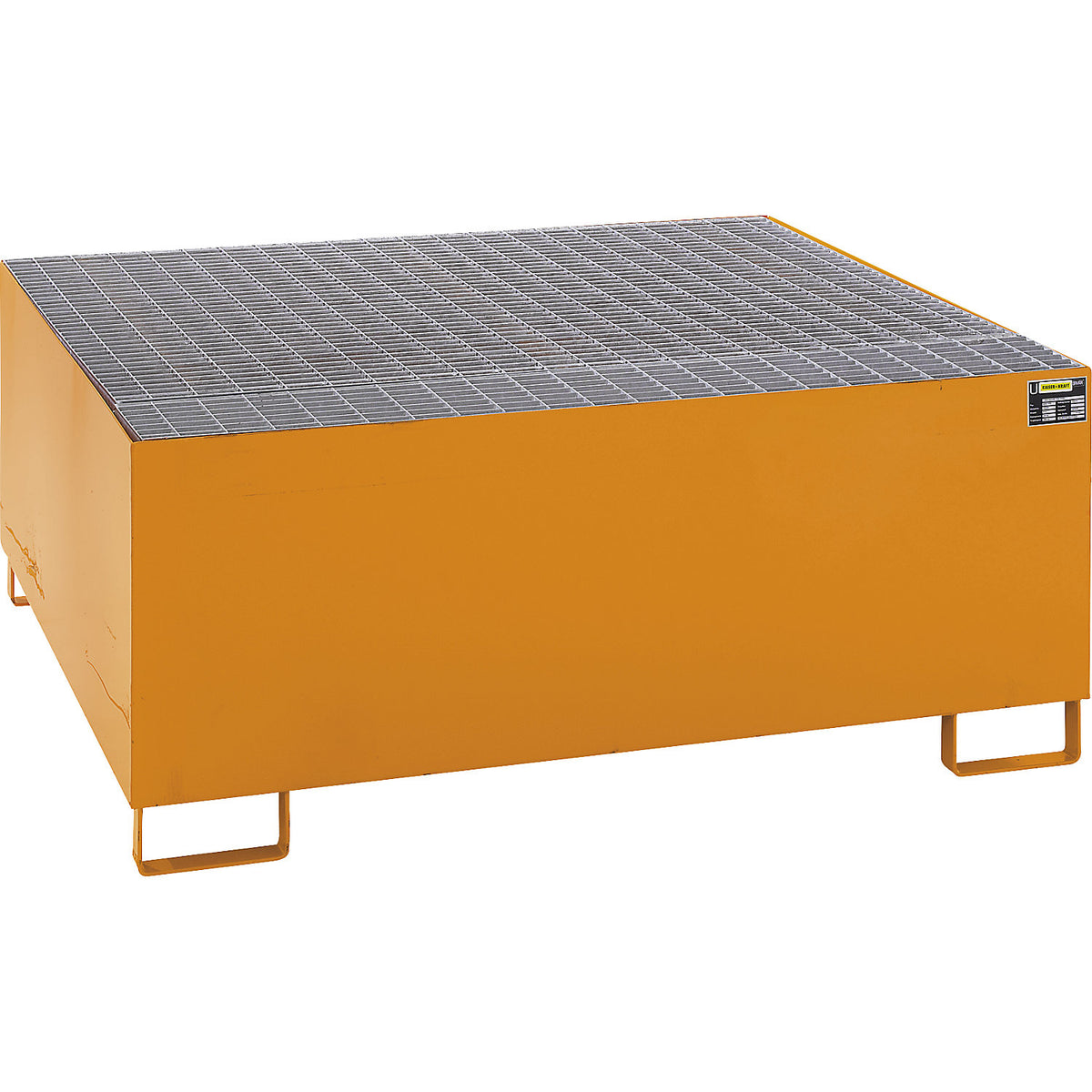 Steel sump tray for IBC/CTC tank containers, LxWxH 1460 x 1460 x 630 mm, sump capacity 1000 l, painted, orange RAL 2000.