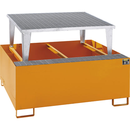 Steel sump tray for IBC / CTC tank containers, LxWxH 1460 x 1460 x 1090 mm, sump capacity 1000 l, painted, orange RAL 2000.