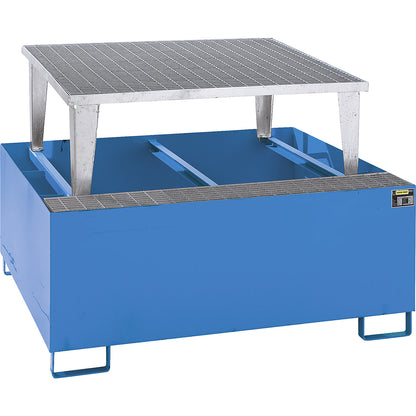 Steel sump tray for IBC/CTC tank containers, LxWxH 1460 x 1460 x 1090 mm, sump capacity 1000 l, painted, blue RAL 5012.