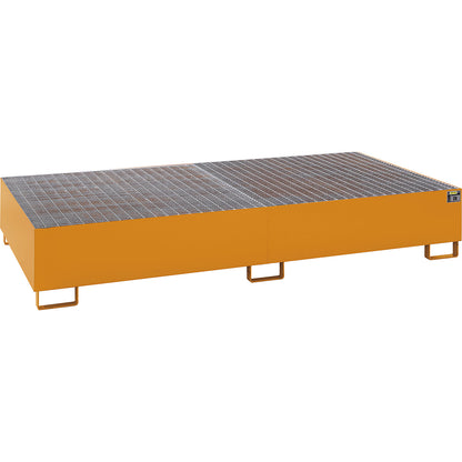 Steel sump tray for IBC/CTC tank containers, LxWxH 2650 x 1300 x 435 mm, sump capacity 1000 l, painted, orange RAL 2000.