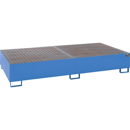 Steel sump tray for IBC/CTC tank containers, LxWxH 2650 x 1300 x 435 mm, sump capacity 1000 l, painted, blue RAL 5012.