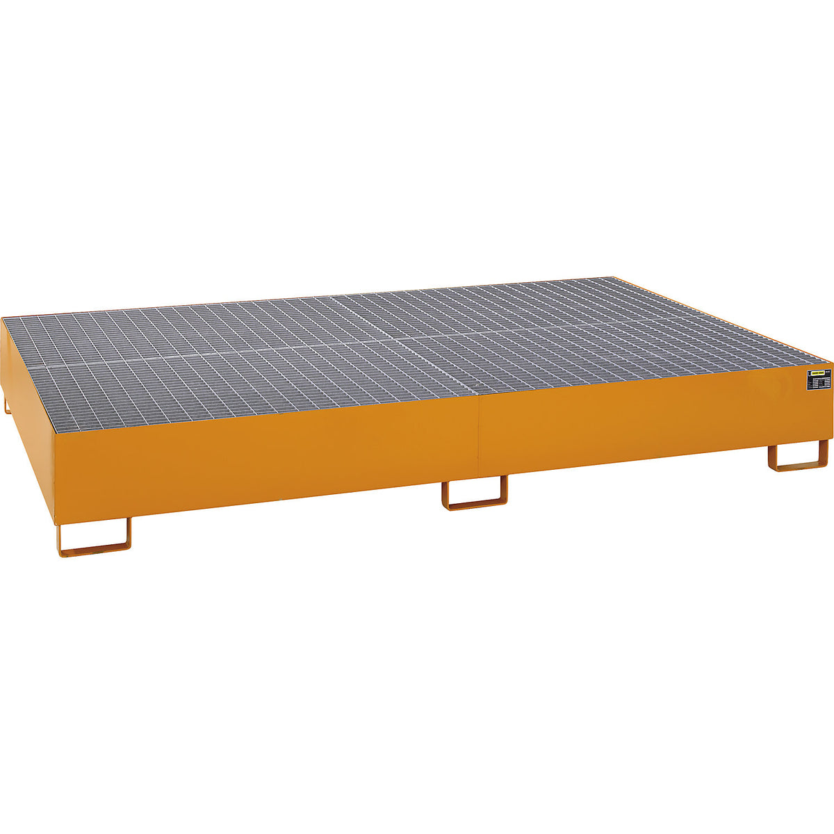 Steel sump tray for IBC/CTC tank containers, LxWxH 2690 x 1650 x 375 mm, sump capacity 1000 l, painted, orange RAL 2000.
