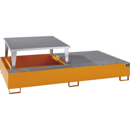 Steel sump tray for IBC/CTC tank containers, LxWxH 2650 x 1460 x 865 mm, with 1 filling attachment, sump capacity 1000 l, painted, orange RAL 2000.