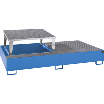 Steel sump tray for IBC/CTC tank containers, LxWxH 2650 x 1460 x 865 mm, with 1 filling attachment, sump capacity 1000 l, painted, blue RAL 5012.
