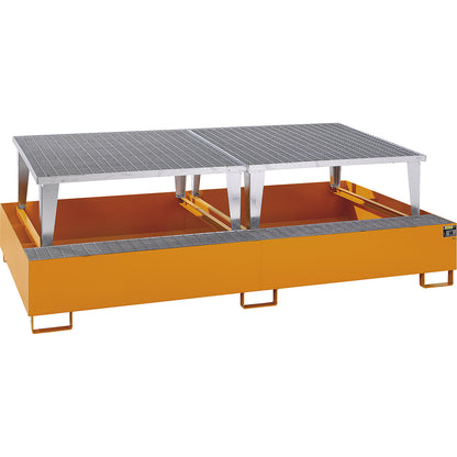 Steel sump tray for IBC / CTC tank containers, LxWxH 2650 x 1460 x 865 mm, with 2 filling attachments, sump capacity 1000 l, painted, orange RAL 2000.