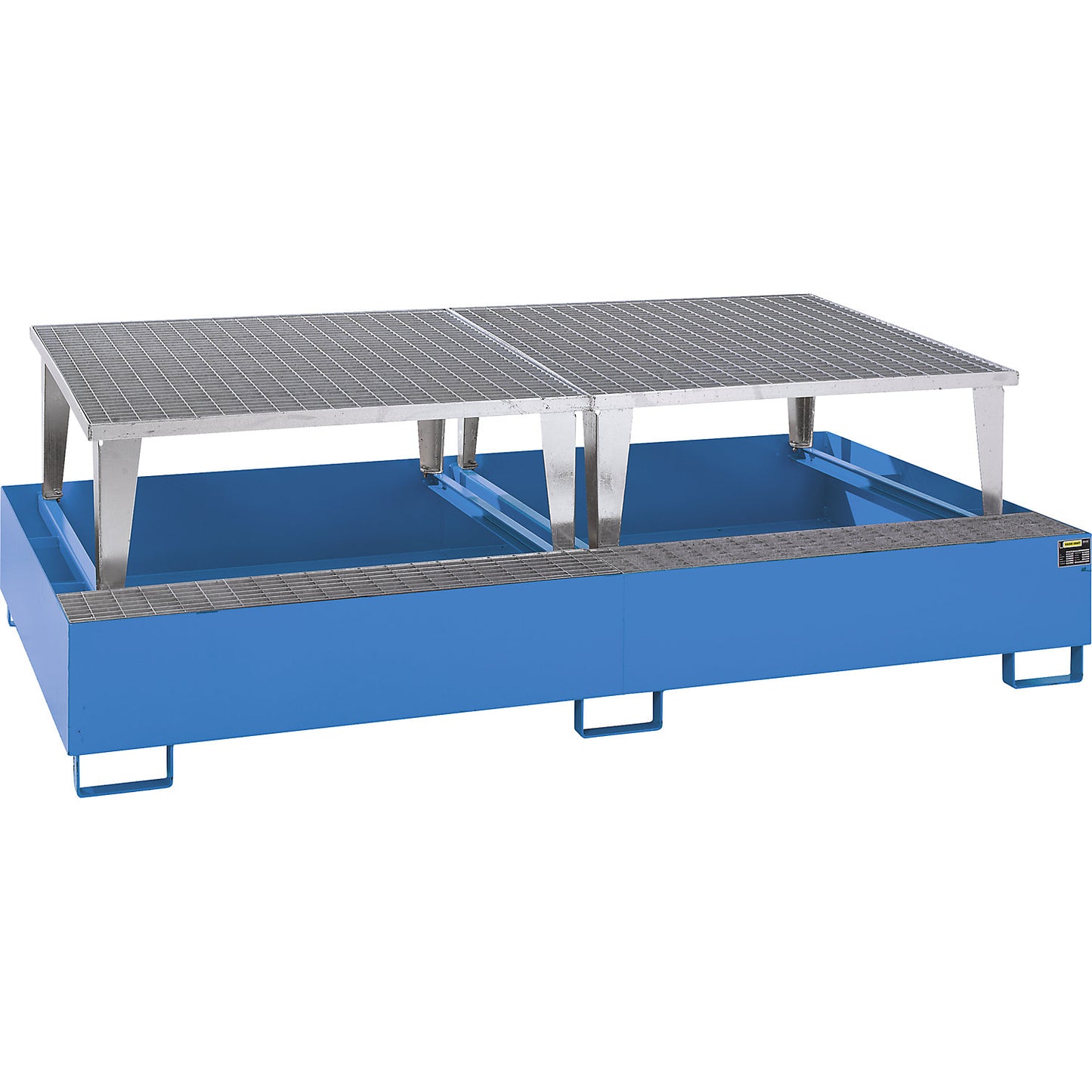 Steel sump tray for IBC/CTC tank containers, LxWxH 2650 x 1460 x 865 mm, with 2 filling attachments, sump capacity 1000 l, painted, blue RAL 5012.