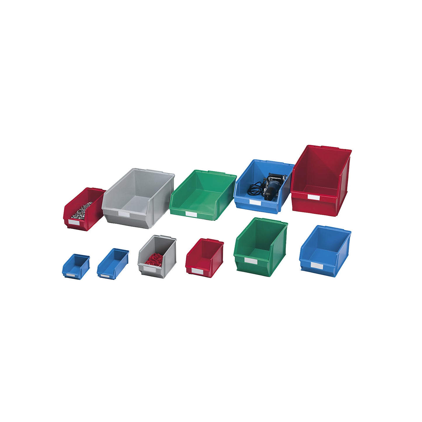 Open fronted storage bin made of polystyrene, LxWxH 500 x 309 x 300 mm, pack of 2, red with carrying rod.