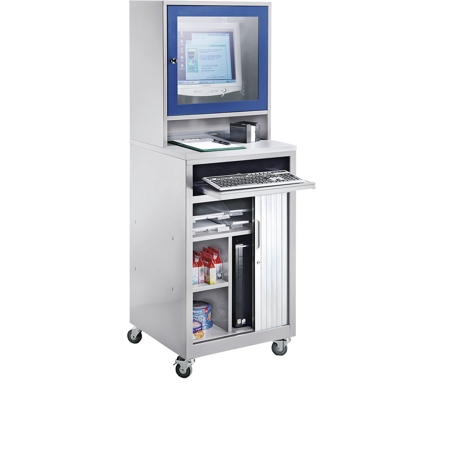 Computer roller shutter cupboard, for monitors up to 20'', mobile, light grey / gentian blue.