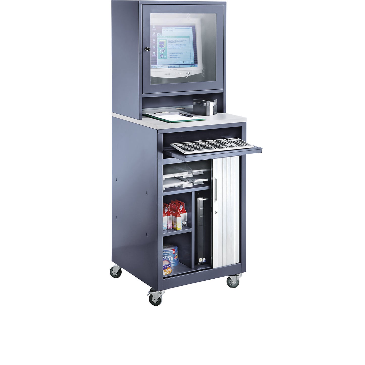 Computer roller shutter cupboard, for monitors up to 20'', mobile, blue grey.