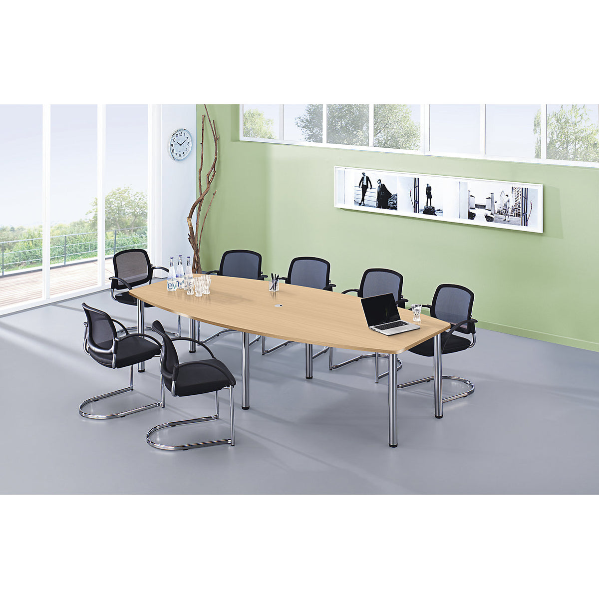Conference table, frame with round tubular legs, for 10 people, light grey.