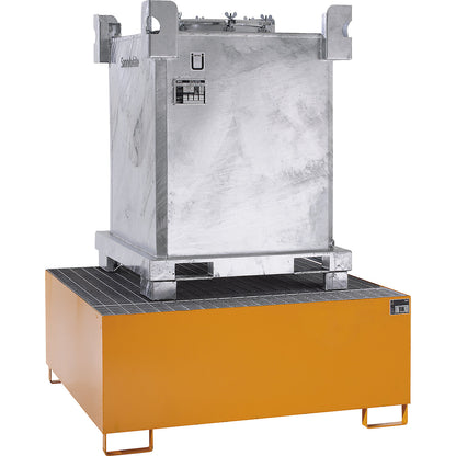 Steel sump tray for IBC/CTC tank containers, LxWxH 1460 x 1460 x 630 mm, sump capacity 1000 l, painted, orange RAL 2000.
