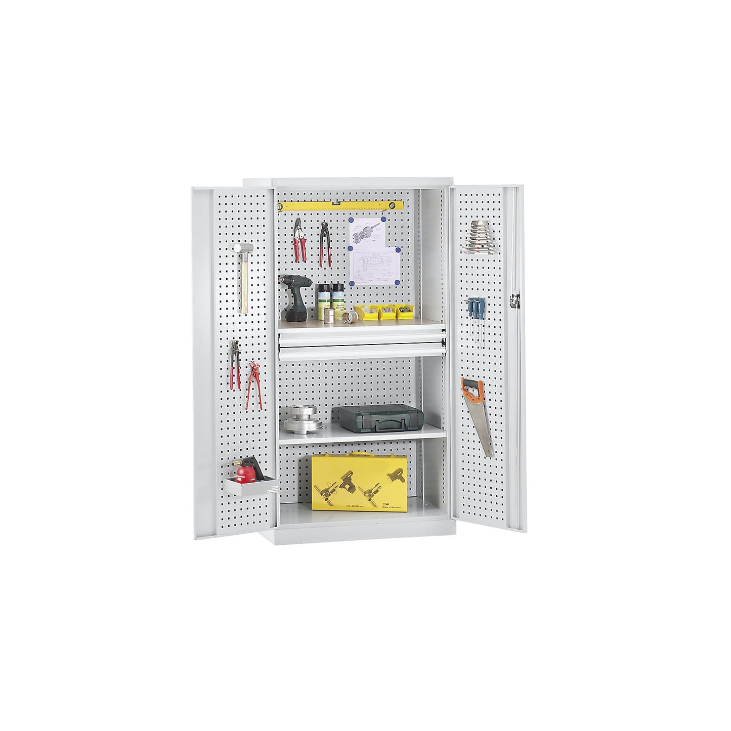 Empty tool cupboard housings, inside of doors and rear wall with perforations, grey doors.