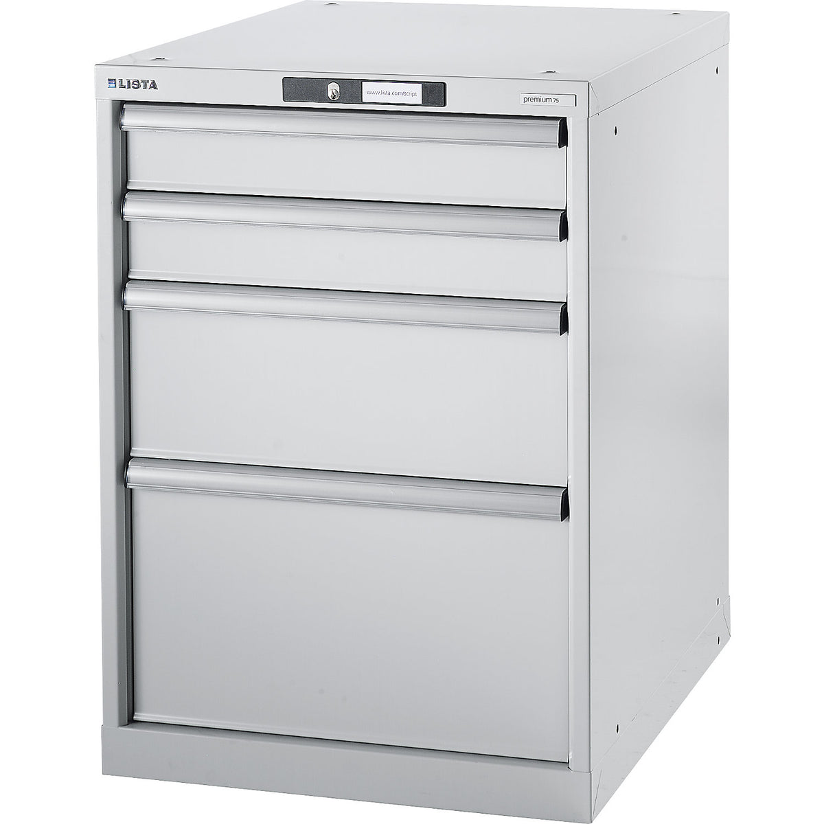 Modular workbench system, drawer unit, height 800 mm, 4 drawers, metallic grey.