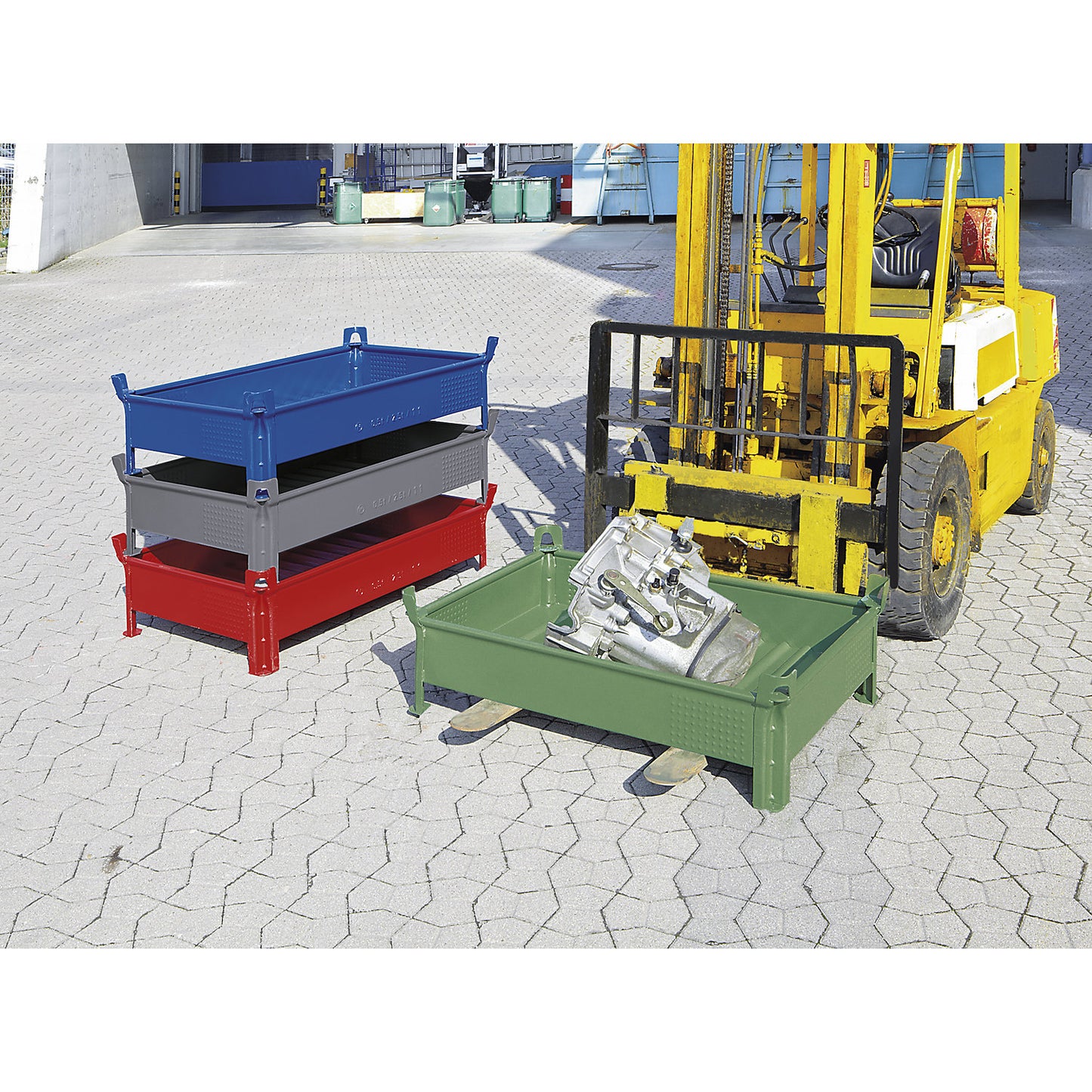 Sheet steel stacking container, low profile design, solid walls, WxL 800 x 1200 mm, max. load 2000 kg, green, 1+ items.