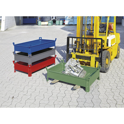Sheet steel stacking container, low profile design, solid walls, WxL 800 x 1200 mm, max. load 2000 kg, green, 1+ items.