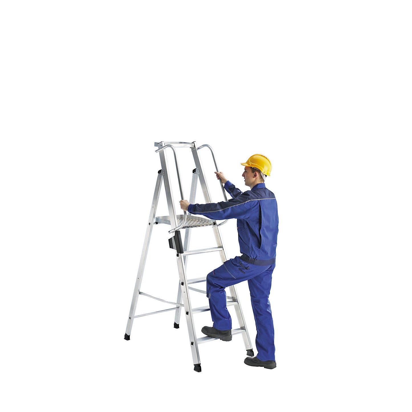Aluminium step ladder with large platform, hand rail on both sides, 10 steps incl. platform.