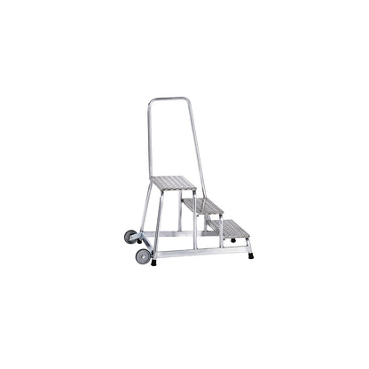 Machine step, mobile, 2 fixed castors, hand rail on one side, 3 steps, WxD 750 x 870 mm.