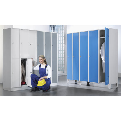 München double deck clothes locker, 2 compartments, W 600 mm, light grey / light blue, with base plinth.
