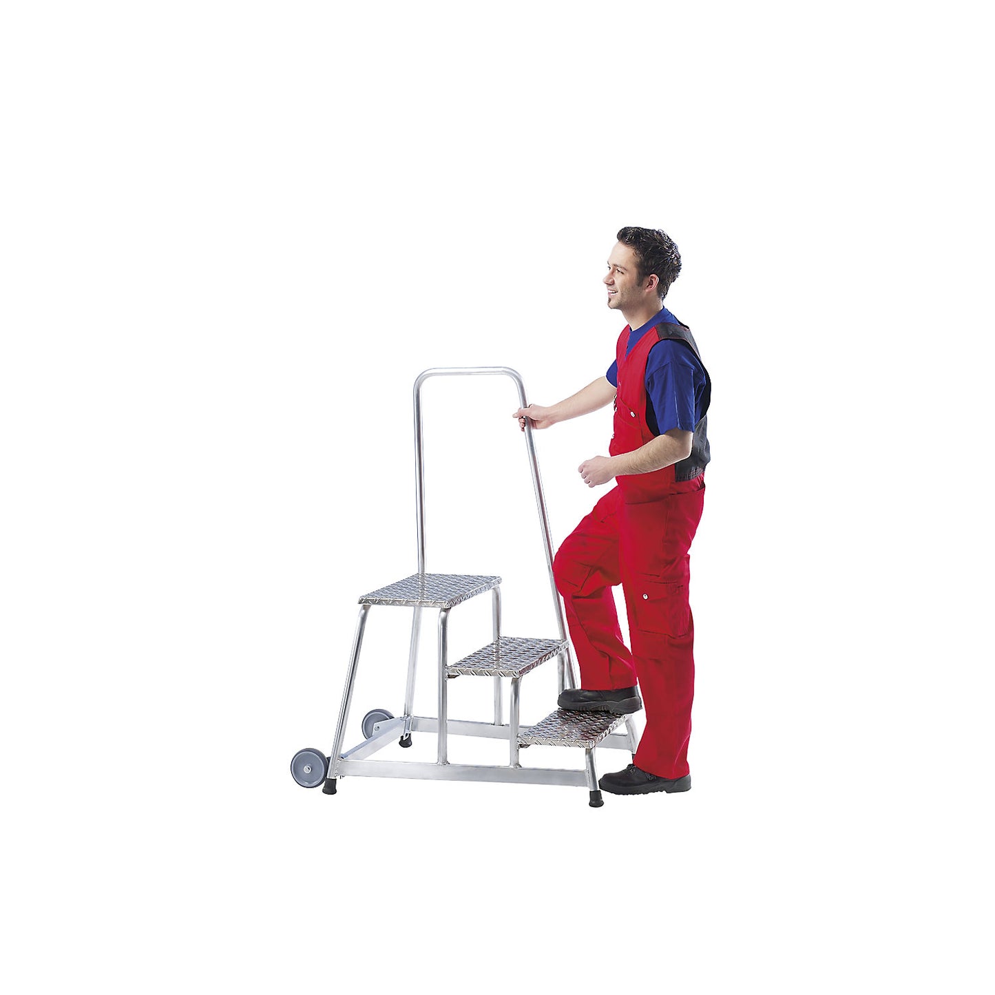 Machine step, mobile, 2 fixed castors, hand rail on one side, 3 steps, WxD 750 x 870 mm.