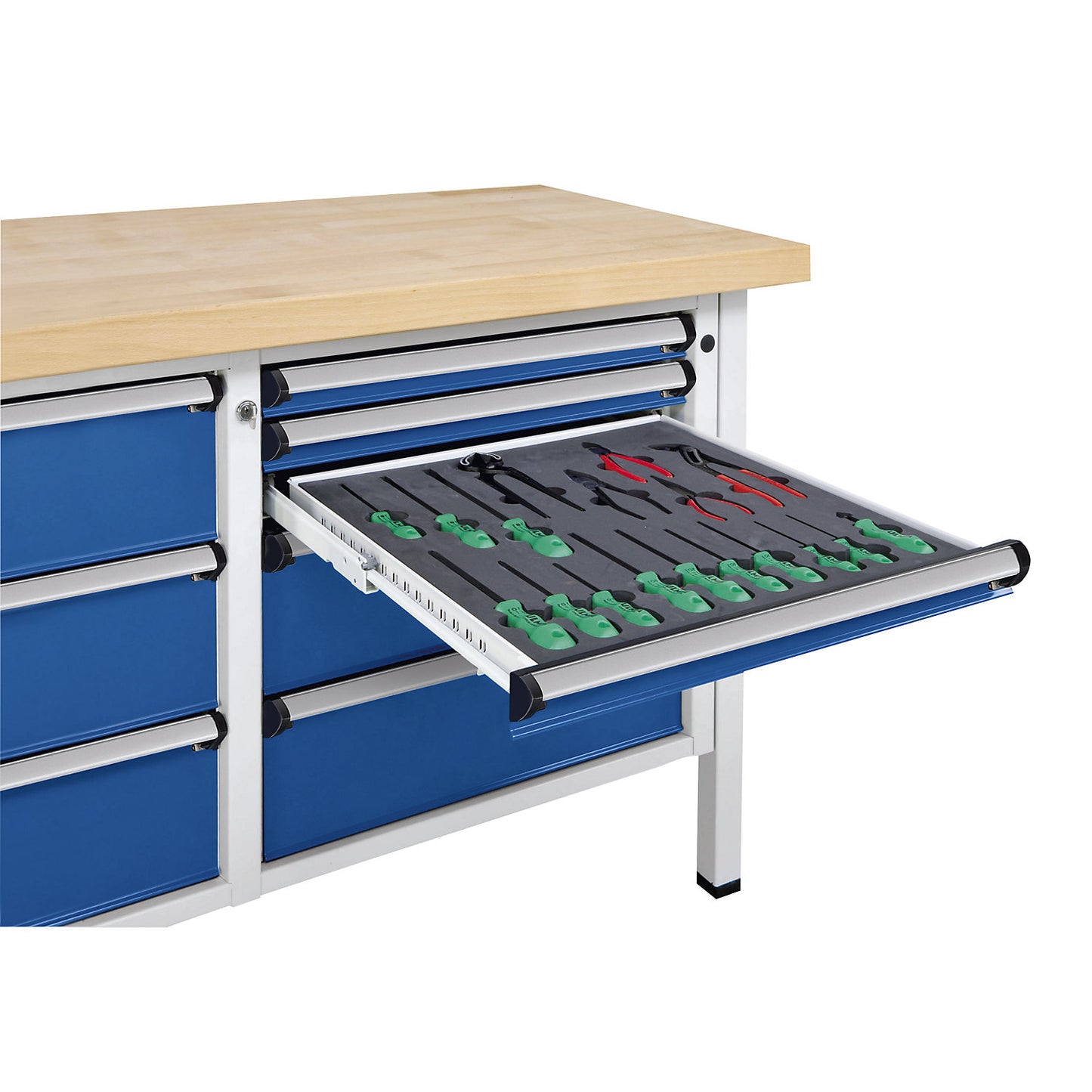 Workbench, Series V frame construction, 4 drawers, door 540 mm, solid beech, full extension, PIN code lock.