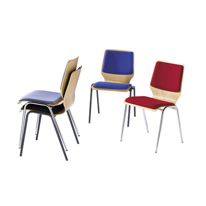 NUKI wooden stacking chair, upholstered, powder coated frame, pack of 4, red upholstery.