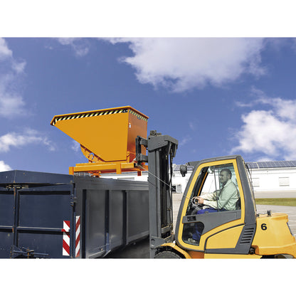 Heavy duty tilting skip, capacity 0.6 m³, max. load 4000 kg, orange RAL 2000.