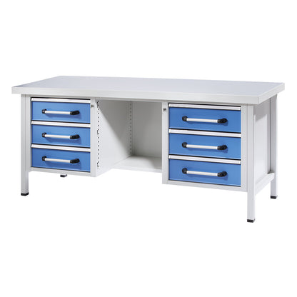 Workbench, frame construction, width 2000 mm, 6 drawers, 1/2 shelf, solid beech.