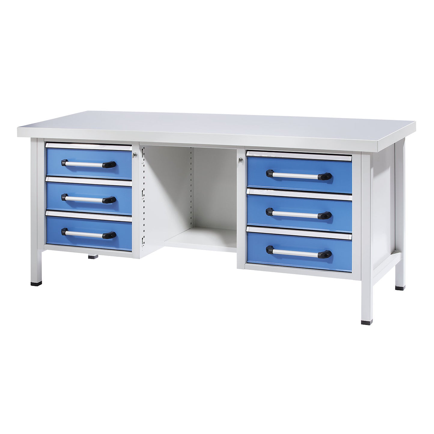 Workbench, frame construction, width 2000 mm, 6 drawers, 1/2 shelf, universal worktop.