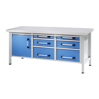 Workbench, frame construction, width 2000 mm, 6 drawers, 1 door, solid beech.