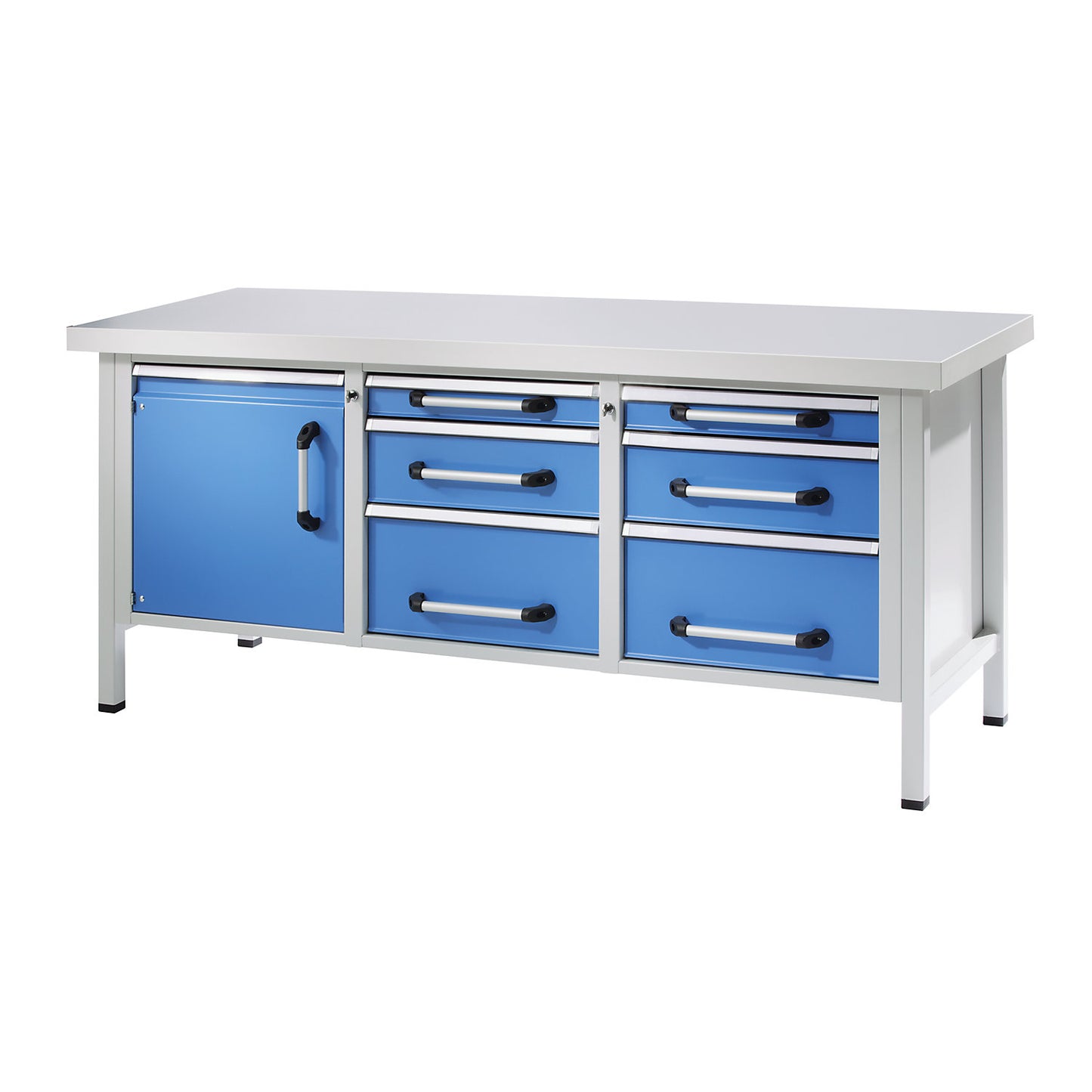 Workbench, frame construction, width 2000 mm, 6 drawers, 1 door, universal worktop.
