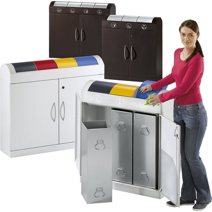 Recyclable waste collector cupboard, compact, with colour coded hinged lids, 4 x 45 l, HxWxD 975 x 1100 x 320 mm.