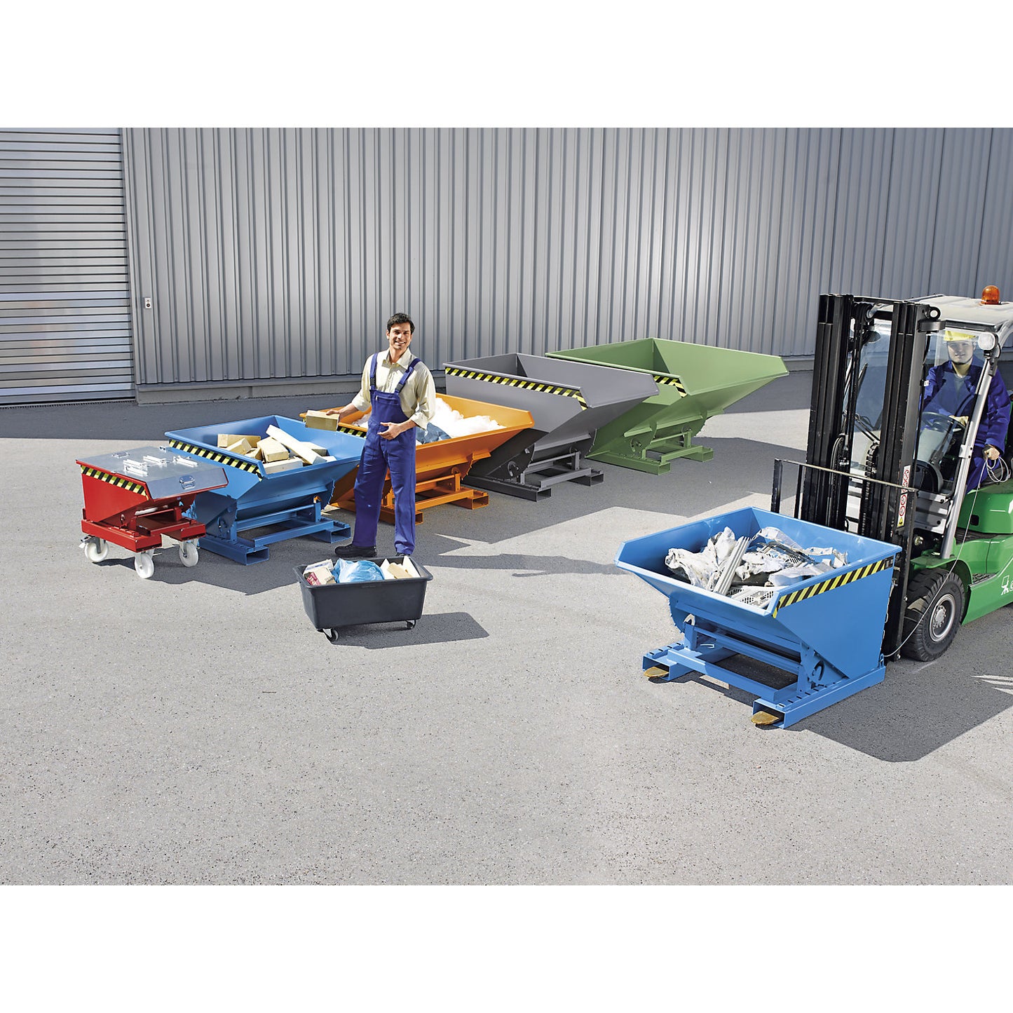 Tilting skip incl. roll-off mechanism, capacity 0.275 m³, LxWxH 1210 x 960 x 540 mm, orange.