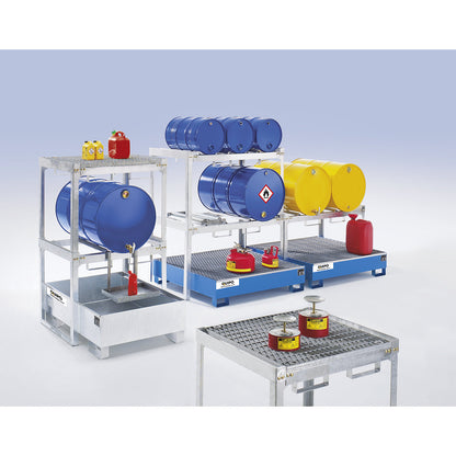 Drum and small container shelf unit, WxDxH 1310 x 800 x 780 mm, for 3 x 60 l drums.