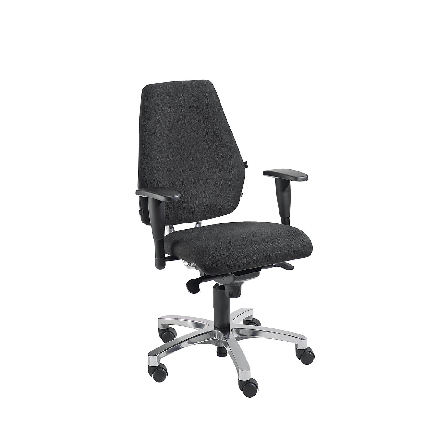 Operator swivel chair, point synchronous mechanism, flat seat with knee roll and Body Balance Tec®, black.