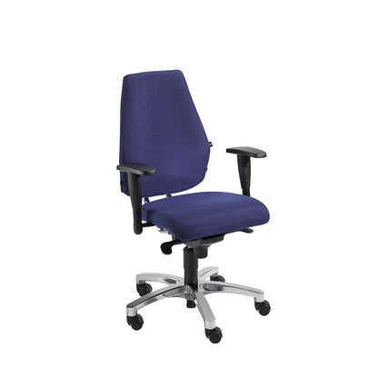 Operator swivel chair, point synchronous mechanism, flat seat with knee roll and Body Balance Tec®, blue.