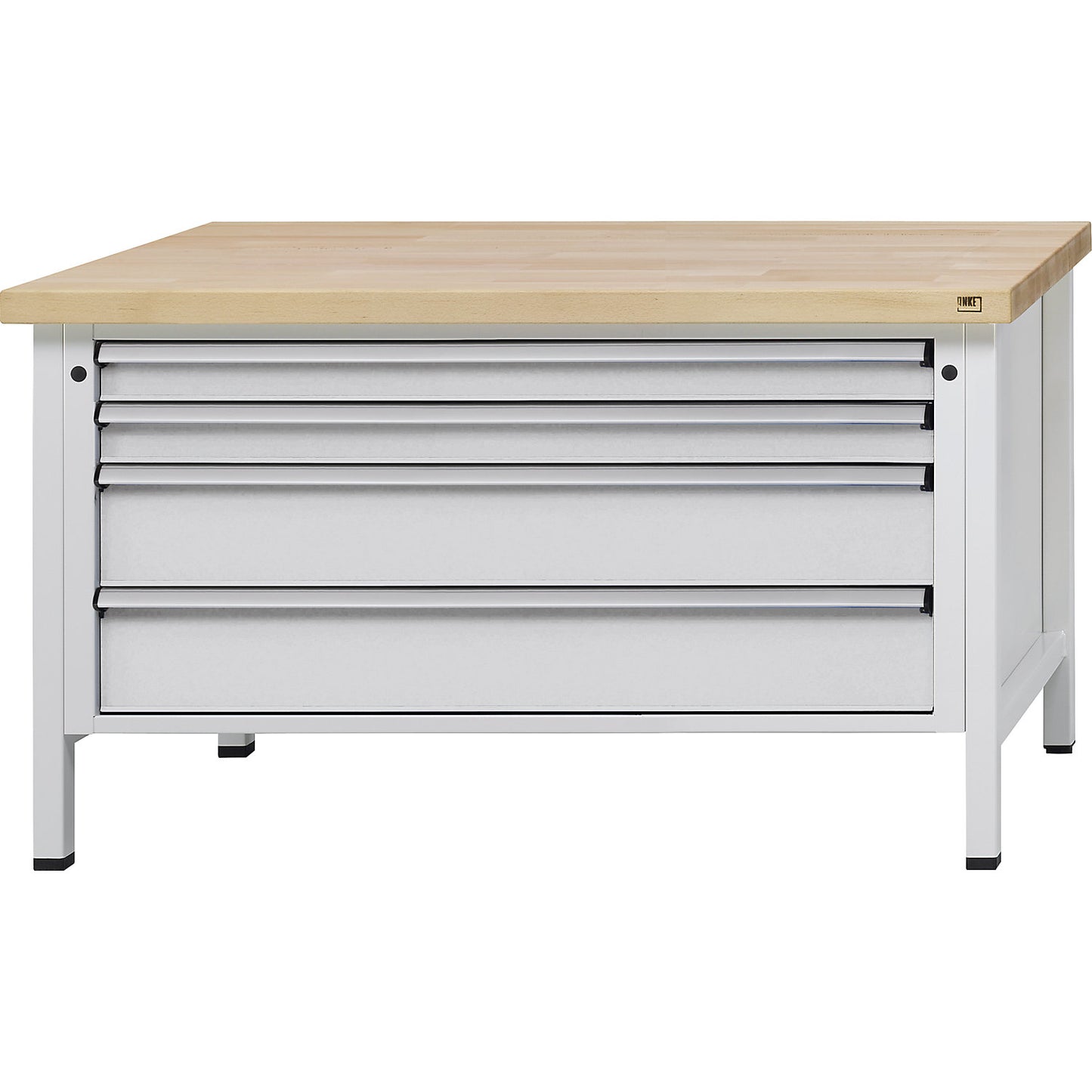 Workbench with XL/XXL drawers, frame construction, width 1500 mm, 4 drawers, solid beech worktop, front in light grey.