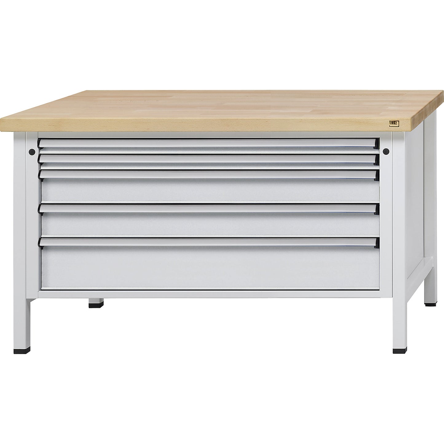 Workbench with XL/XXL drawers, frame construction, width 1500 mm, 5 drawers, solid beech worktop, front in light grey.