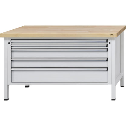 Workbench with XL/XXL drawers, frame construction, width 1500 mm, 5 drawers, solid beech worktop, front in light grey.