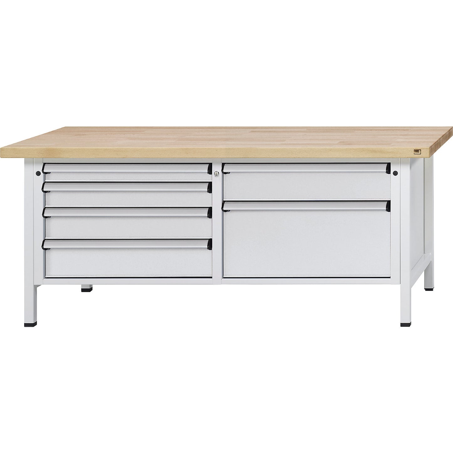 Workbench with XL/XXL drawers, frame construction, width 2000 mm, 6 drawers, solid beech worktop, front in light grey.