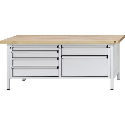 Workbench with XL/XXL drawers, frame construction, width 2000 mm, 6 drawers, solid beech worktop, front in light grey.