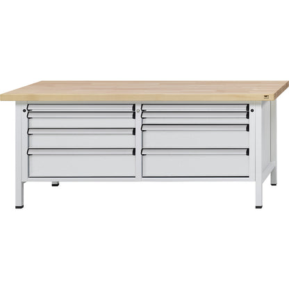 Workbench with XL/XXL drawers, frame construction, width 2000 mm, 8 drawers, solid beech worktop, front in light grey.