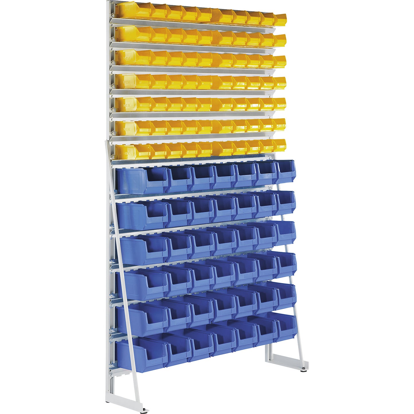 Free-standing small parts shelf unit with open fronted storage bins, single sided, with 140 open fronted storage bins.