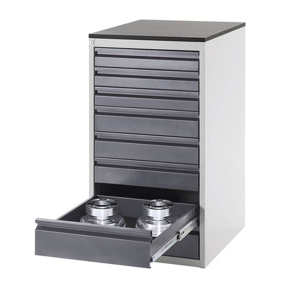 Drawer cupboard with telescopic guides, height 1030 mm, drawers: 1 x 90, 7 x 120 mm, light grey / charcoal, width 770 mm.