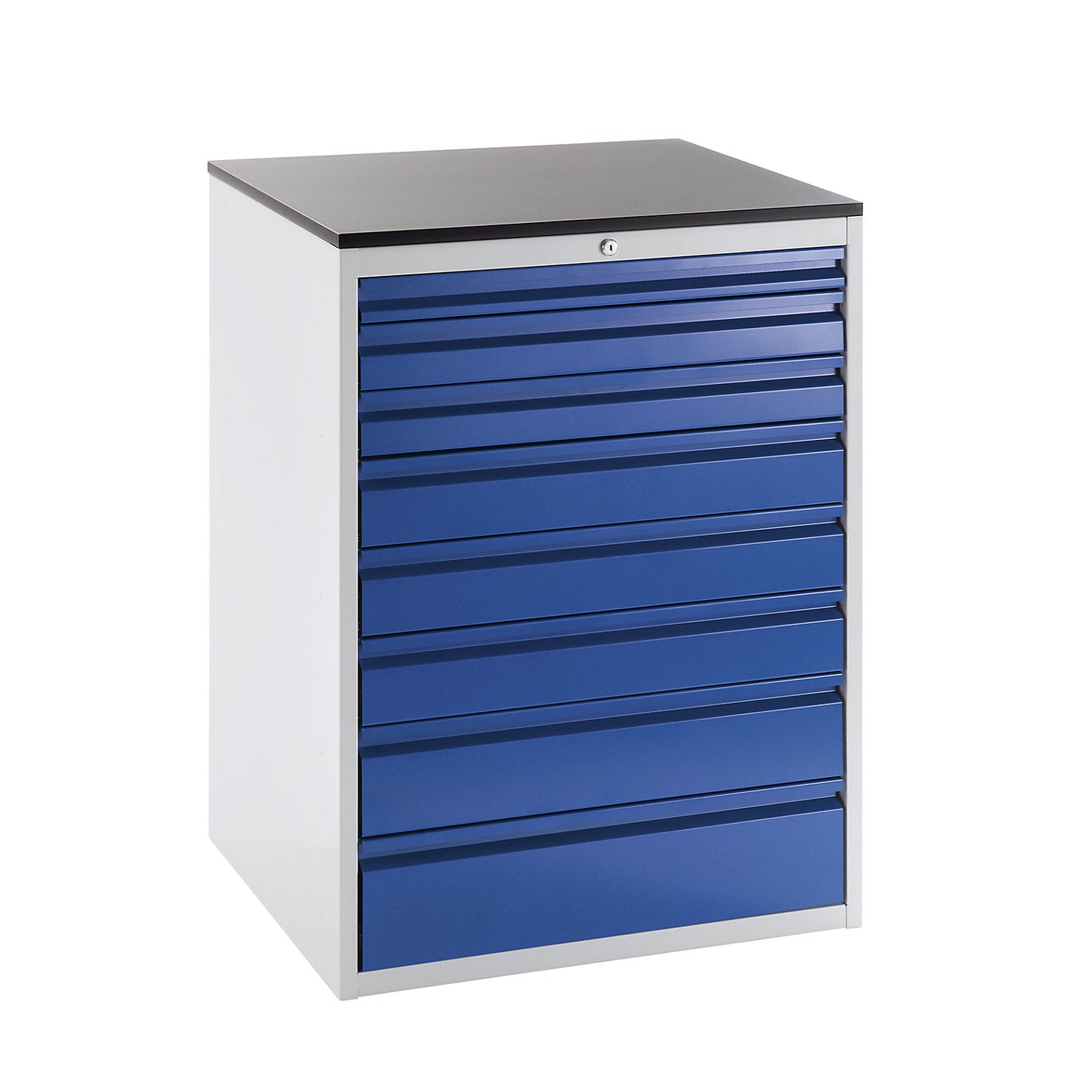 Drawer cupboard with telescopic guides, height 1030 mm, drawers: 1 x 90, 7 x 120 mm, light grey / charcoal, width 770 mm.