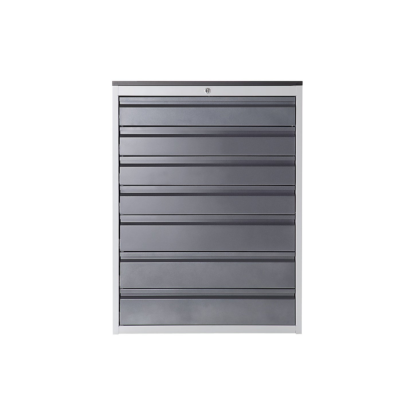 Drawer cupboard with telescopic guides, height 1030 mm, drawers: 4 x 120, 3 x 150 mm, light grey / metallic charcoal, width 580 mm.