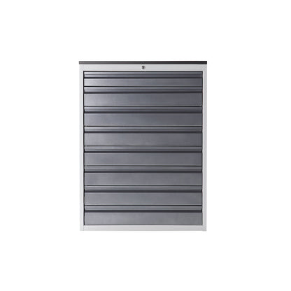 Drawer cupboard with telescopic guides, height 1030 mm, drawers: 1 x 90, 7 x 120 mm, light grey / gentian blue, width 770 mm.