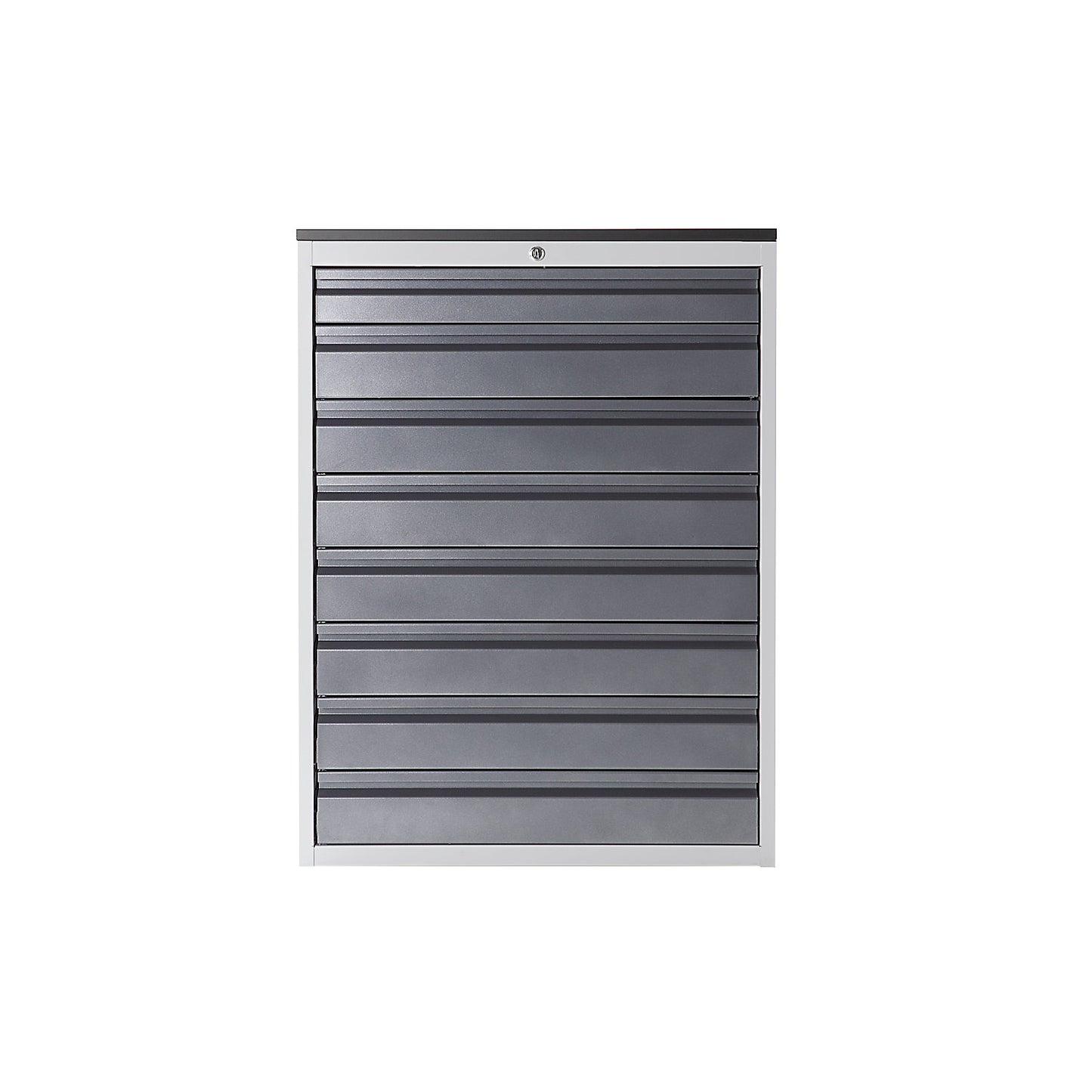 Drawer cupboard with telescopic guides, height 1030 mm, drawers: 1 x 90, 7 x 120 mm, light grey / metallic charcoal, width 580 mm.
