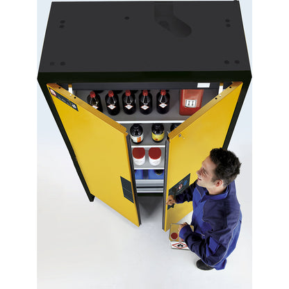 Fire resistant hazardous goods storage cupboard type 90, semi-automatic, with 4 drawers, door colour grey.