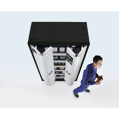 Fire resistant cupboard with folding doors for hazardous goods type 90, semi-automatic, with 6 drawers, light grey.