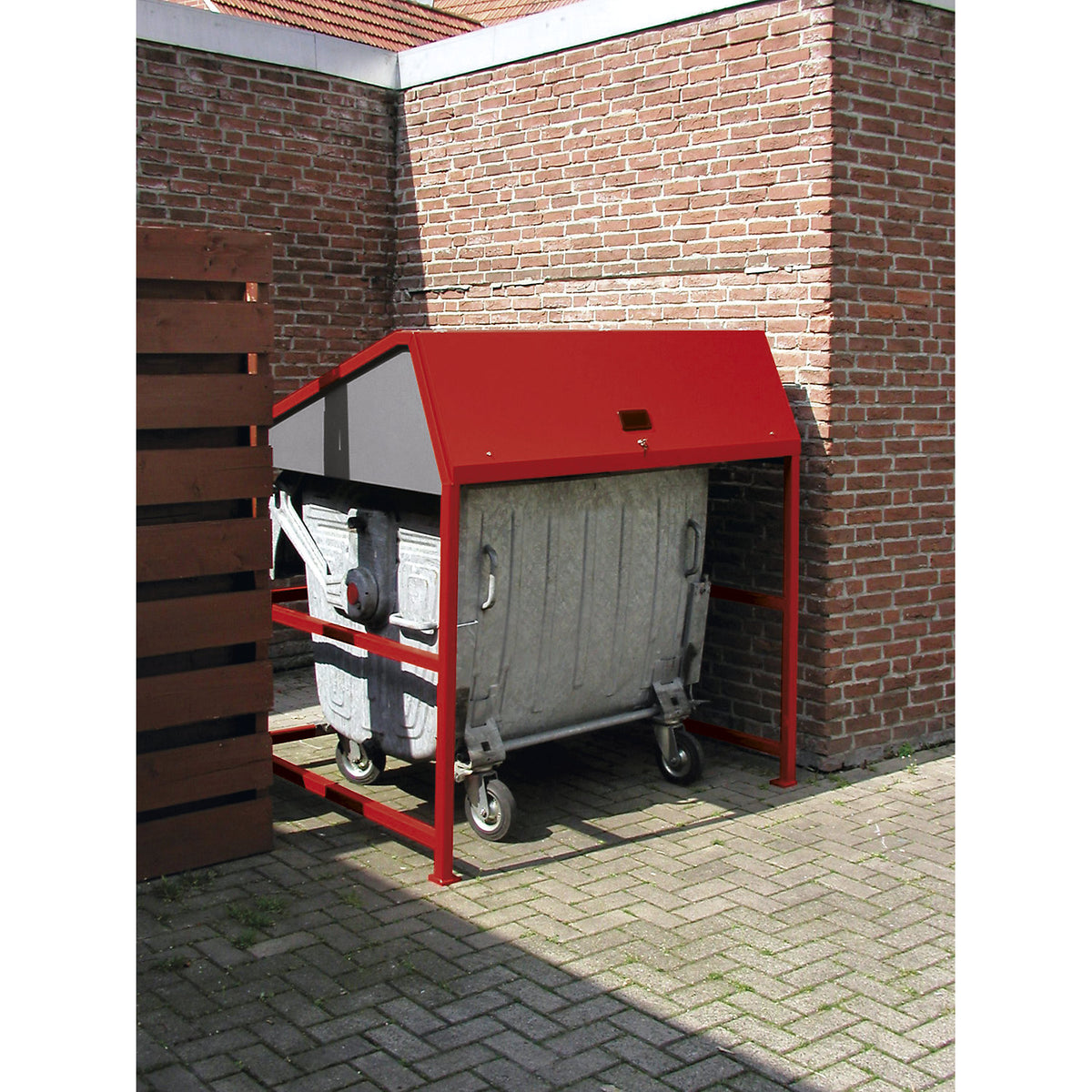 Waste bin enclosure, open version, frame in red.
